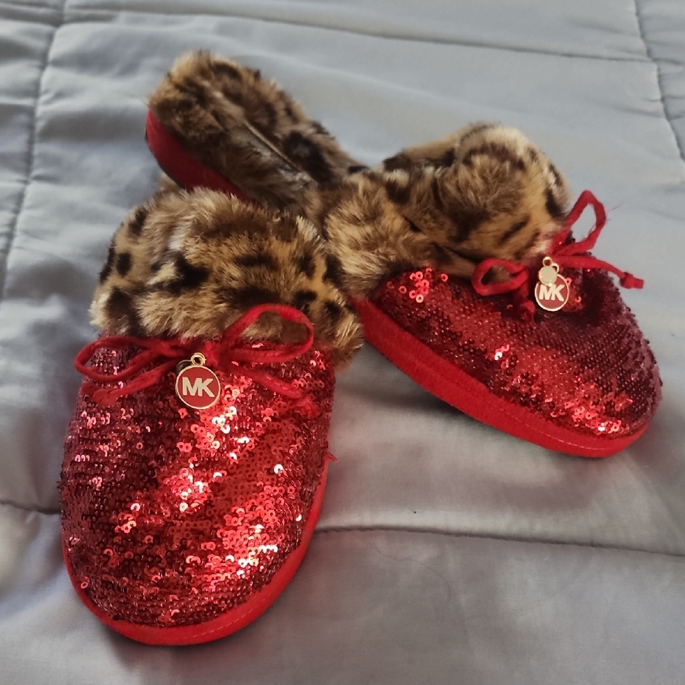 Michael Kors Sparkling Red Sequin Slippers with Faux Fur